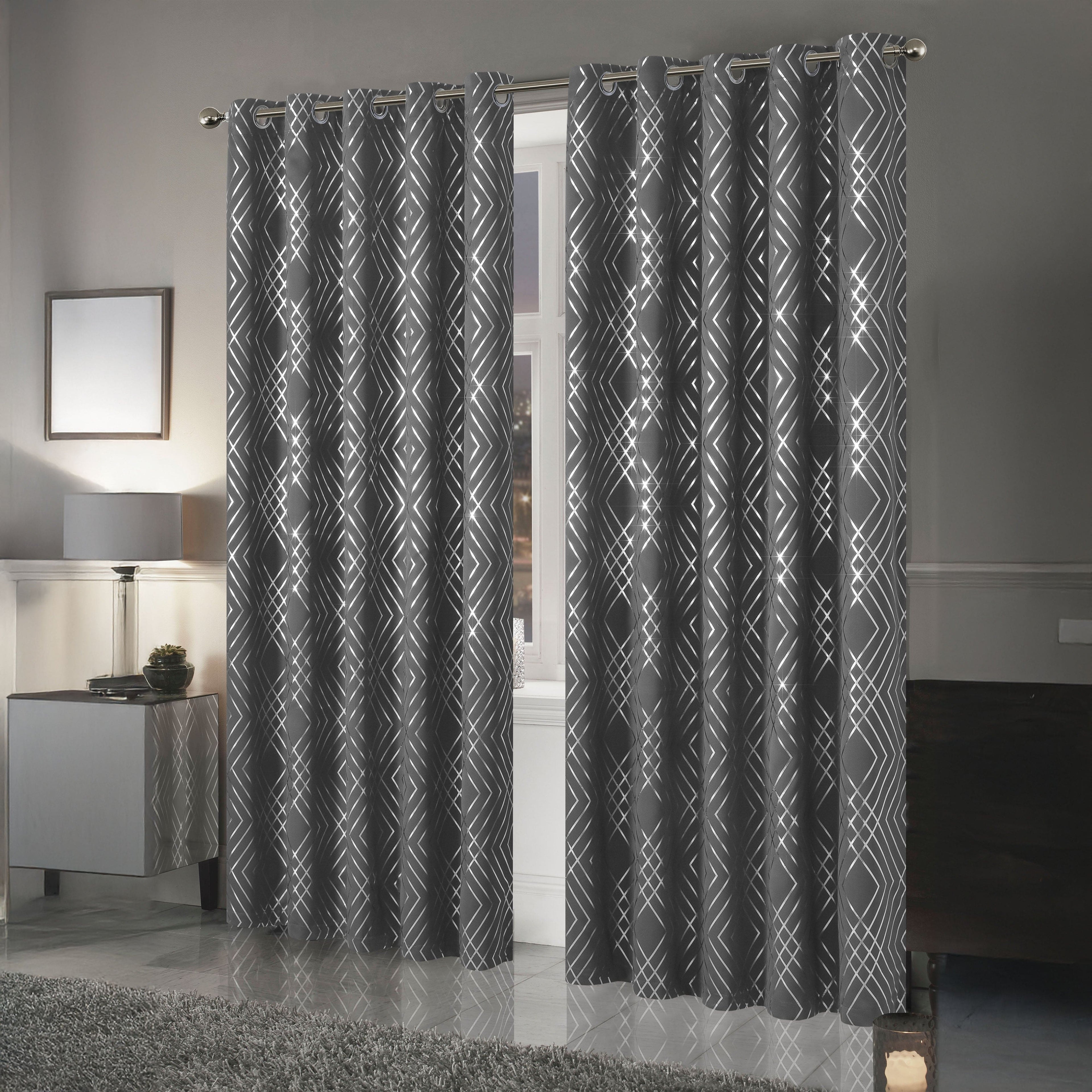 Geometric Silver Sparkle Blackout Curtains Soft Thermal Insulated Eyelet Ring Top Living Room & Bedroom Drapes