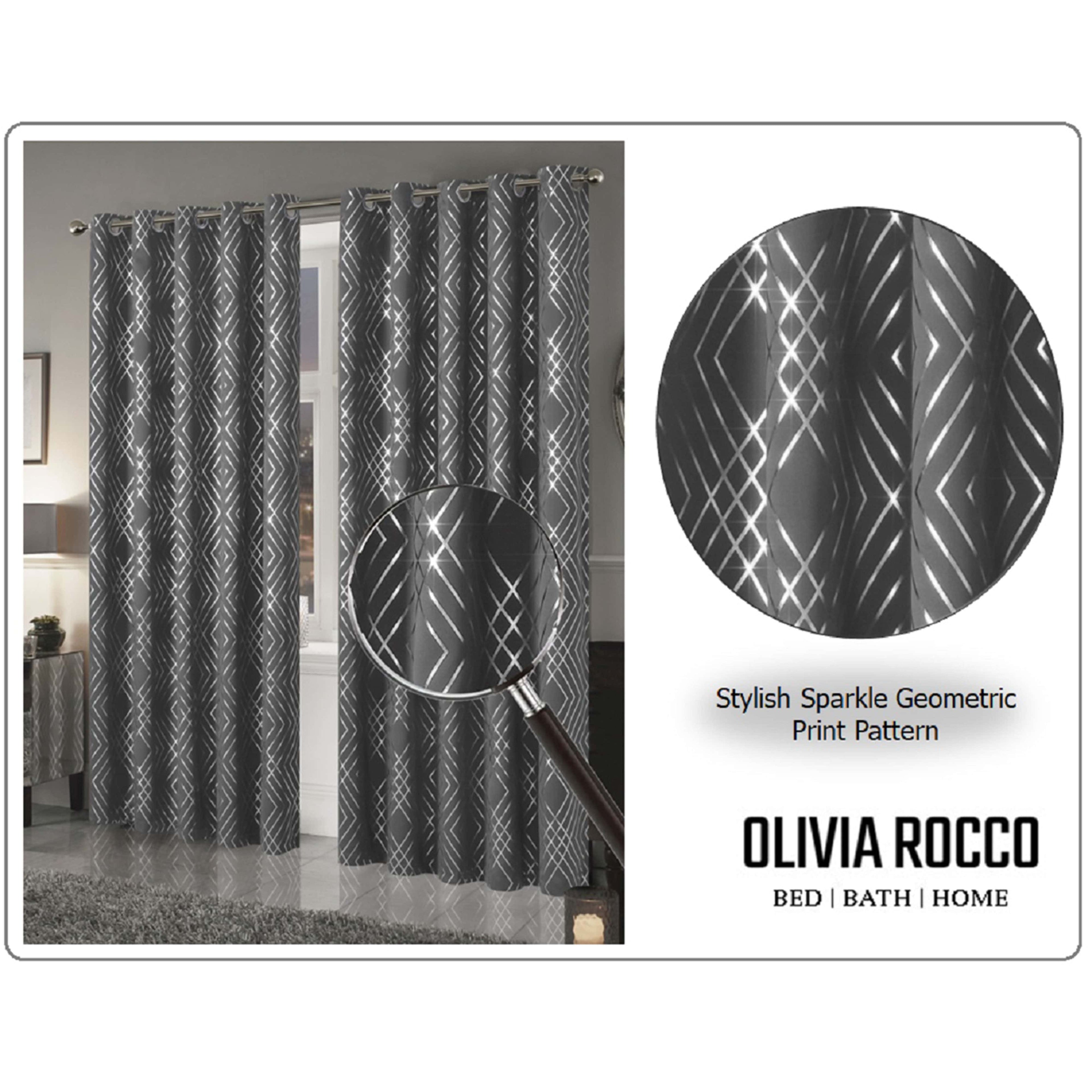 Geometric Silver Sparkle Blackout Curtains Soft Thermal Insulated Eyelet Ring Top Living Room & Bedroom Drapes