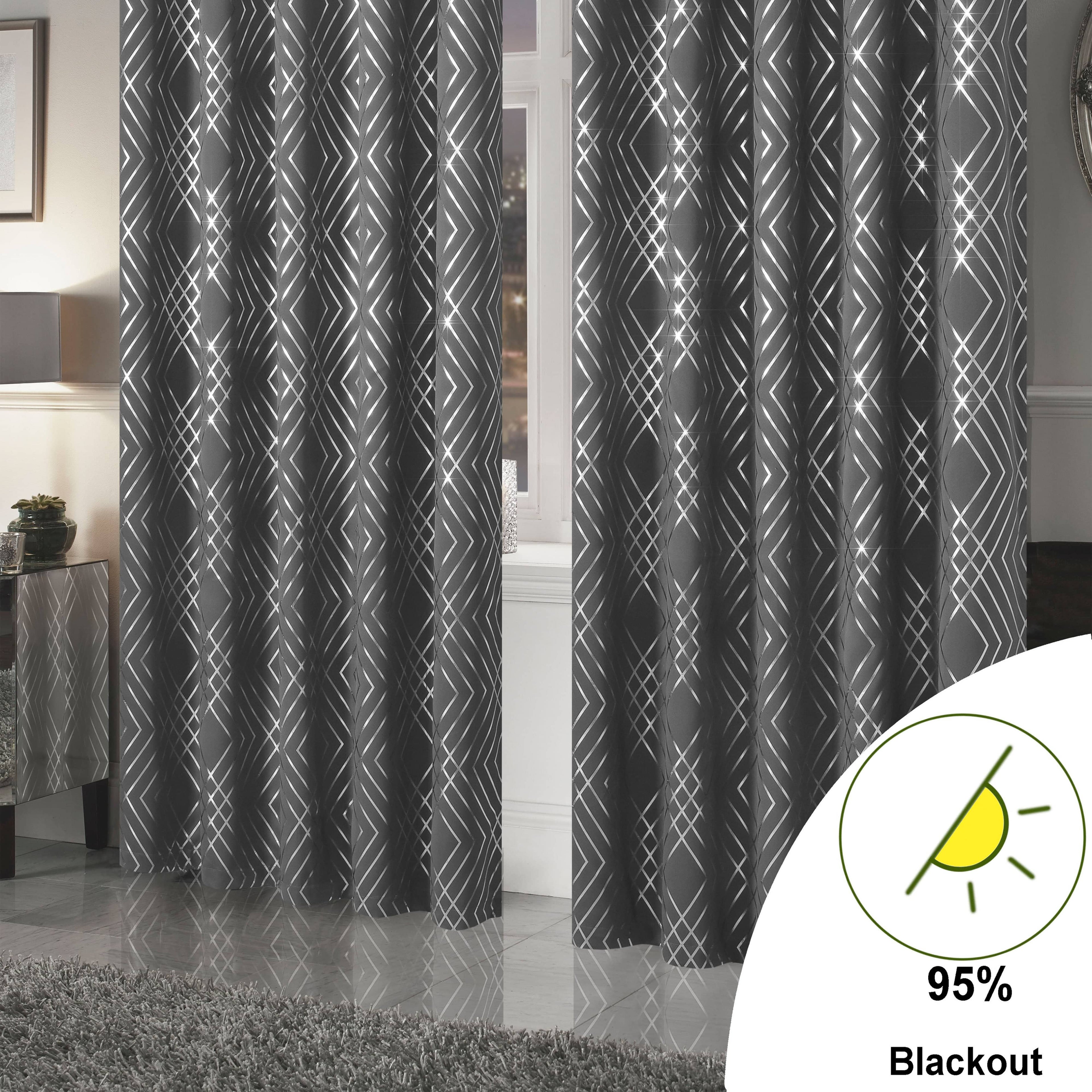 Geometric Silver Sparkle Blackout Curtains Soft Thermal Insulated Eyelet Ring Top Living Room & Bedroom Drapes