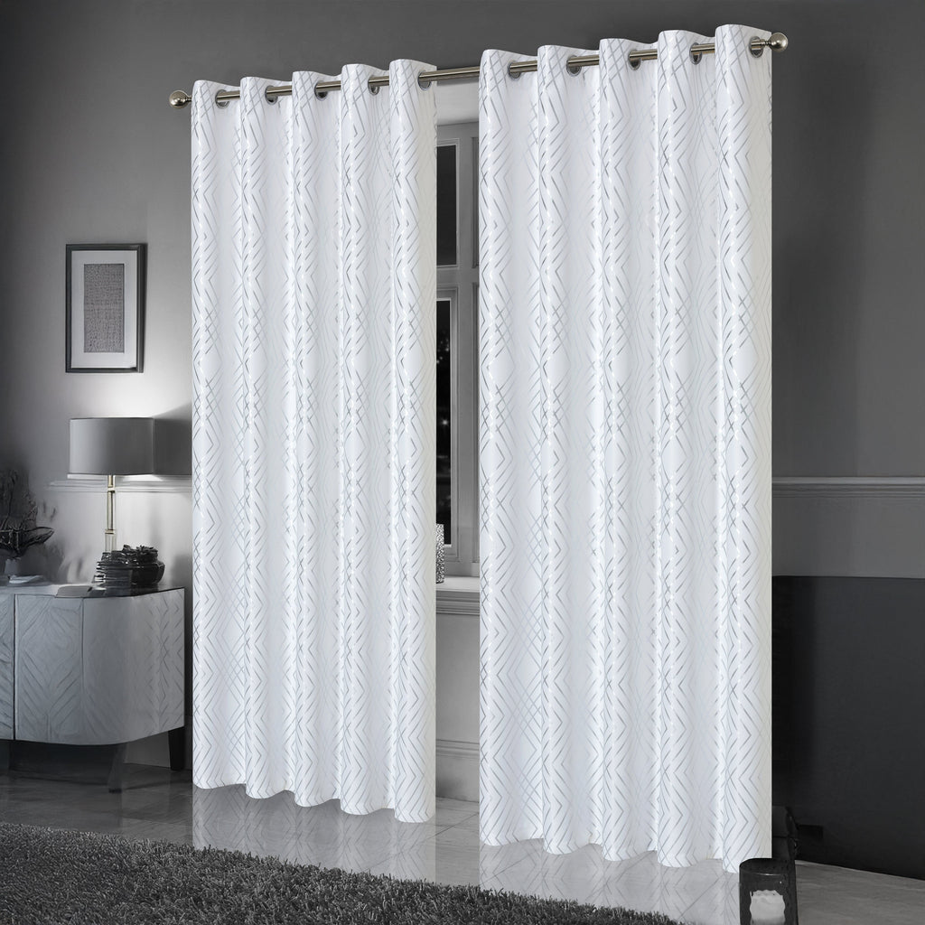 Geometric White Sparkle Blackout Curtains Soft Thermal Insulated Eyelet Ring Top Living Room & Bedroom Drapes