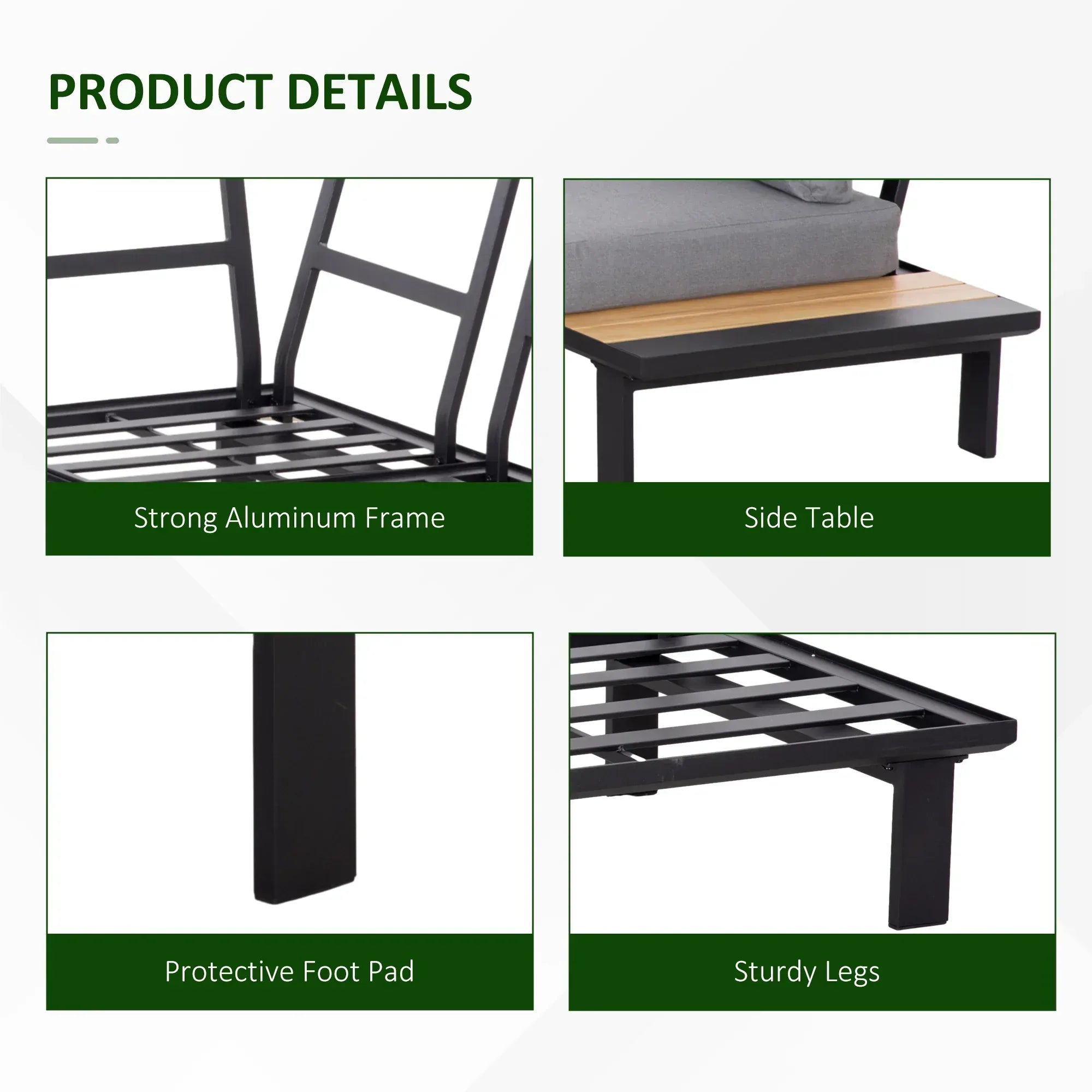 4 Pieces Aluminium Garden Furniture Set L Shape Sofa Set with Tables, Cushions for Indoor, Garden, Patio, Dark Grey - Bobobiy