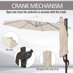 Beige cantilever umbrella with crank mechanism and wrapped fabric canopy cover
