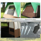 Green camping tent details: mesh windows, zippered doors, storage pockets, and guy ropes