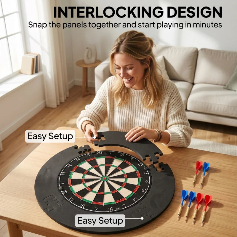 Black snap-together dartboard with steel-tip darts and tips visible