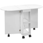 White drop-leaf dining table with two side cabinets and caster wheels on the base