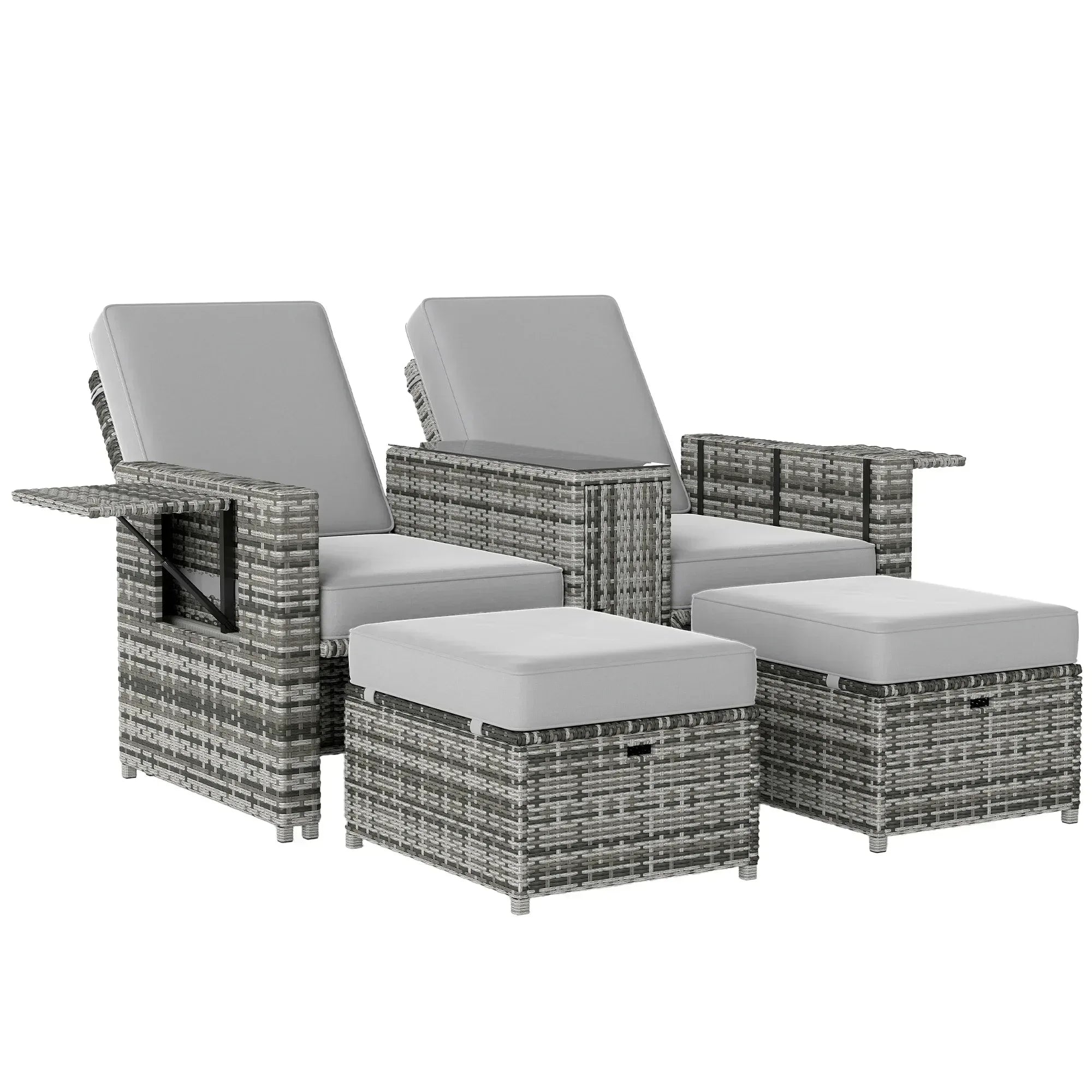 Rattan Sun Lounger w/ Storage Tea Table & Footstools, Grey - Bobobiy