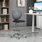 Grey armless swivel drafting chair with curved mesh back and chrome base