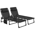 Portable Sun Lounger Set of 2, Folding Camping Bed Cot, Reclining Lounge Chair 5-position Adjustable Backrest with Side Pocket, Pillow for Patio Garden Beach Pool, Black - Bobobiy