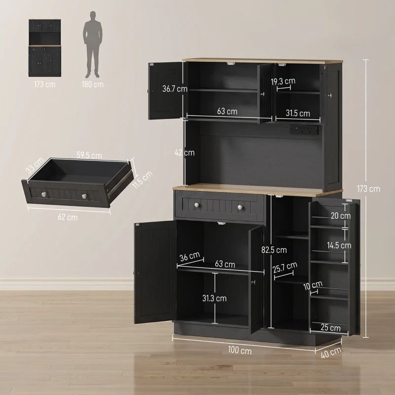 Black kitchen cabinet with open shelves, drawer, spice racks, and charging station section