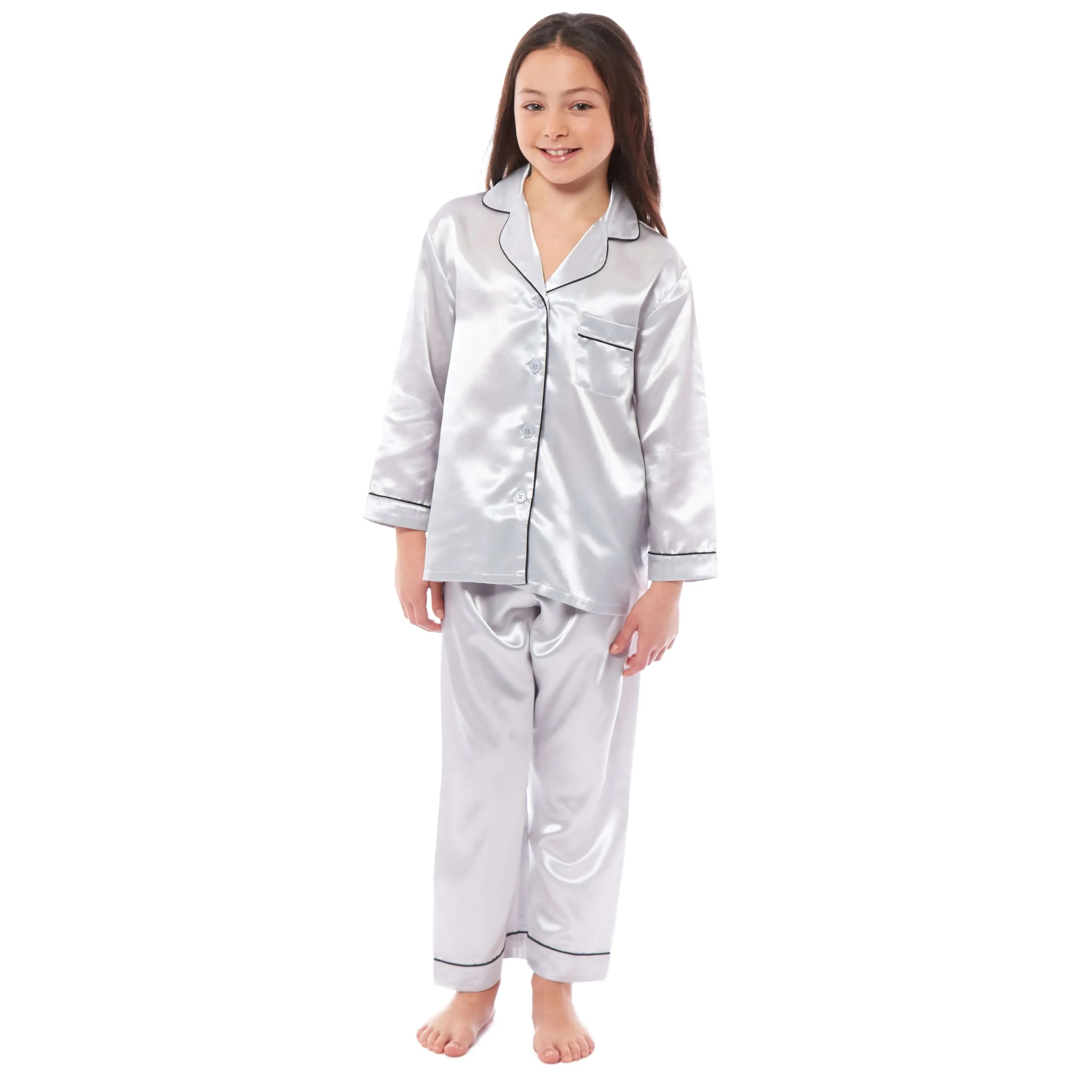 Girls Long Sleeve Satin Silk Pyjama Set Comfortable Button-Down Sleepwear in Black Pink Grey Sizes 5-14 YRS - Bobobiy
