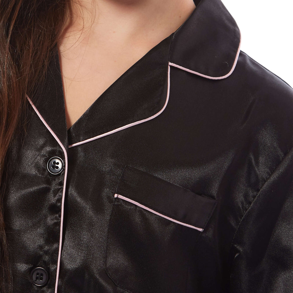 Girls Long Sleeve Satin Silk Pyjama Set Comfortable Button-Down Sleepwear in Black Pink Grey Sizes 5-14 YRS