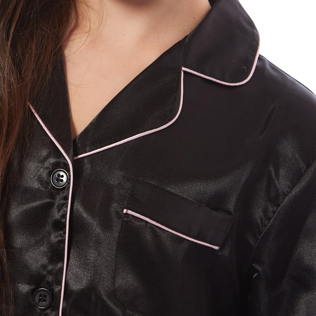 Girls Satin Silk Long Sleeve Pyjama Set Elegant Loungewear Cosy Nightwear Button-Down Shirt Loose-Fit Pants Black Pink Grey Sizes 5-14