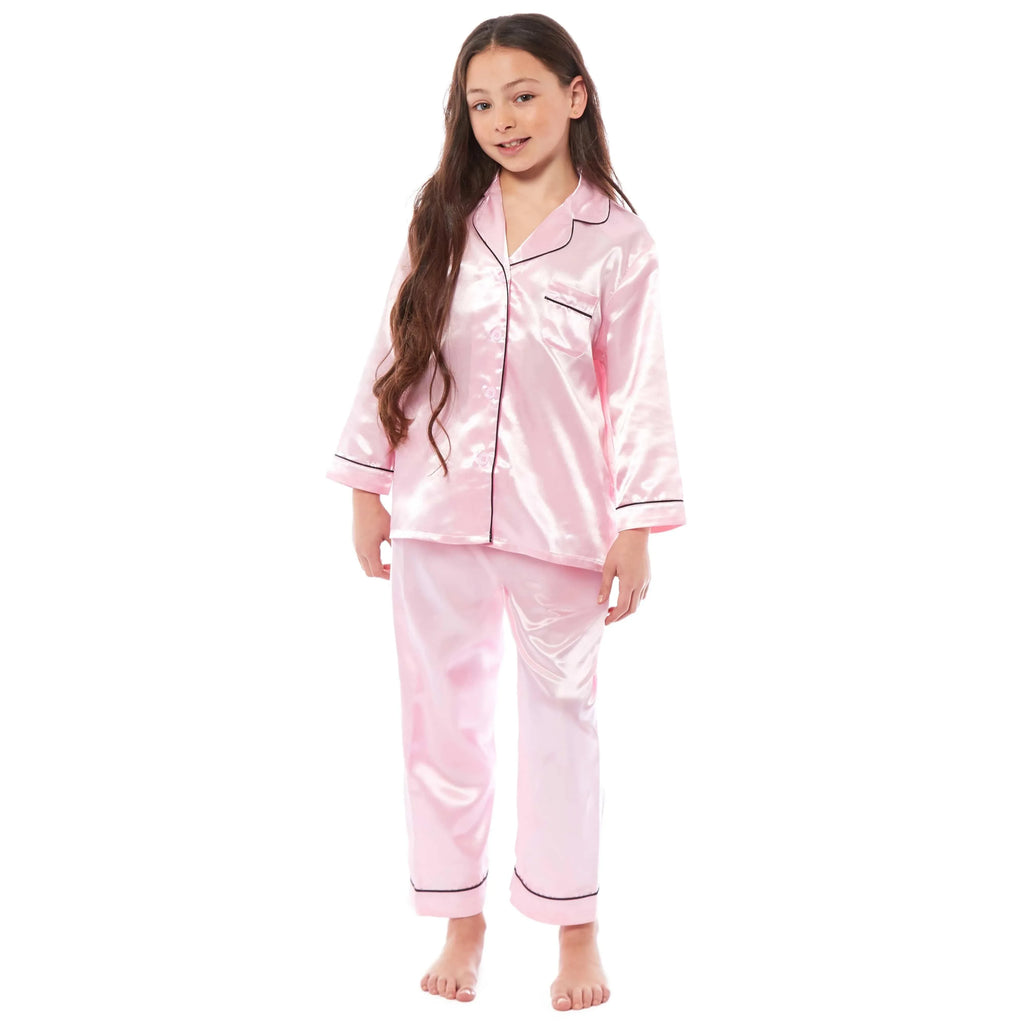 girls-satin-silk-long-sleeve-pyjama-set-elegant-loungewear-cosy-nightwear-button-down-shirt-loose-fit-pants-black-pink-grey-sizes-5-14-by-daisy-dreamer-pyjamas-1052974002 - Bobobiy