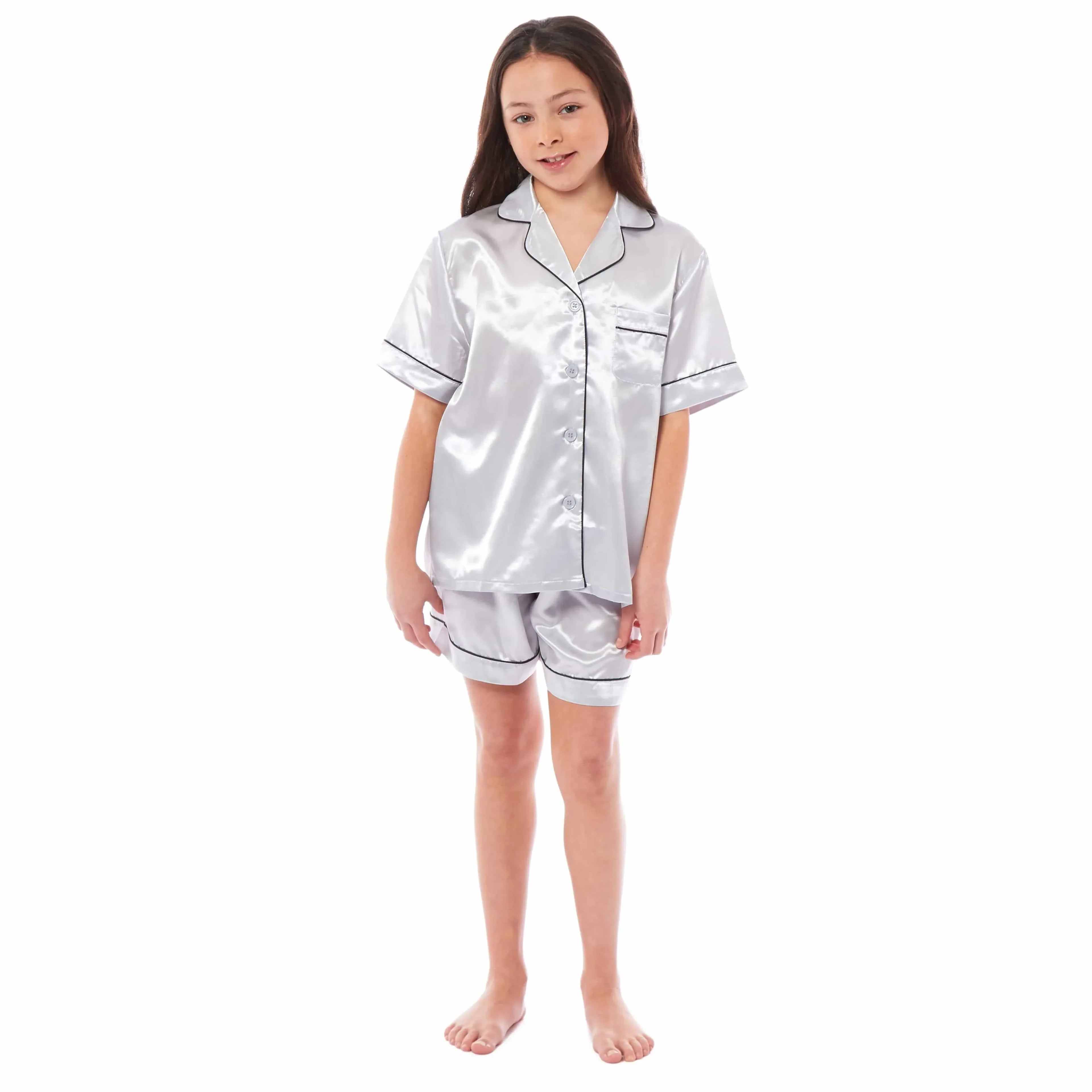 girls-satin-silk-short-pyjama-set-button-down-shirt-and-loose-fitting-pants-loungewear-nightwear-for-ages-5-14-black-pink-grey-by-daisy-dreamer-5-6-yrs-grey-pyjamas-1052974100 - Bobobiy