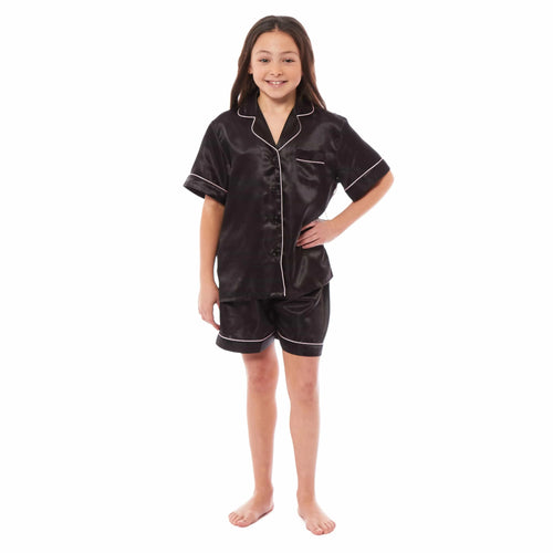 girls-satin-silk-short-pyjama-set-button-down-shirt-and-loose-fitting-pants-loungewear-nightwear-for-ages-5-14-black-pink-grey-by-daisy-dreamer-pyjamas-1052974090 - Bobobiy
