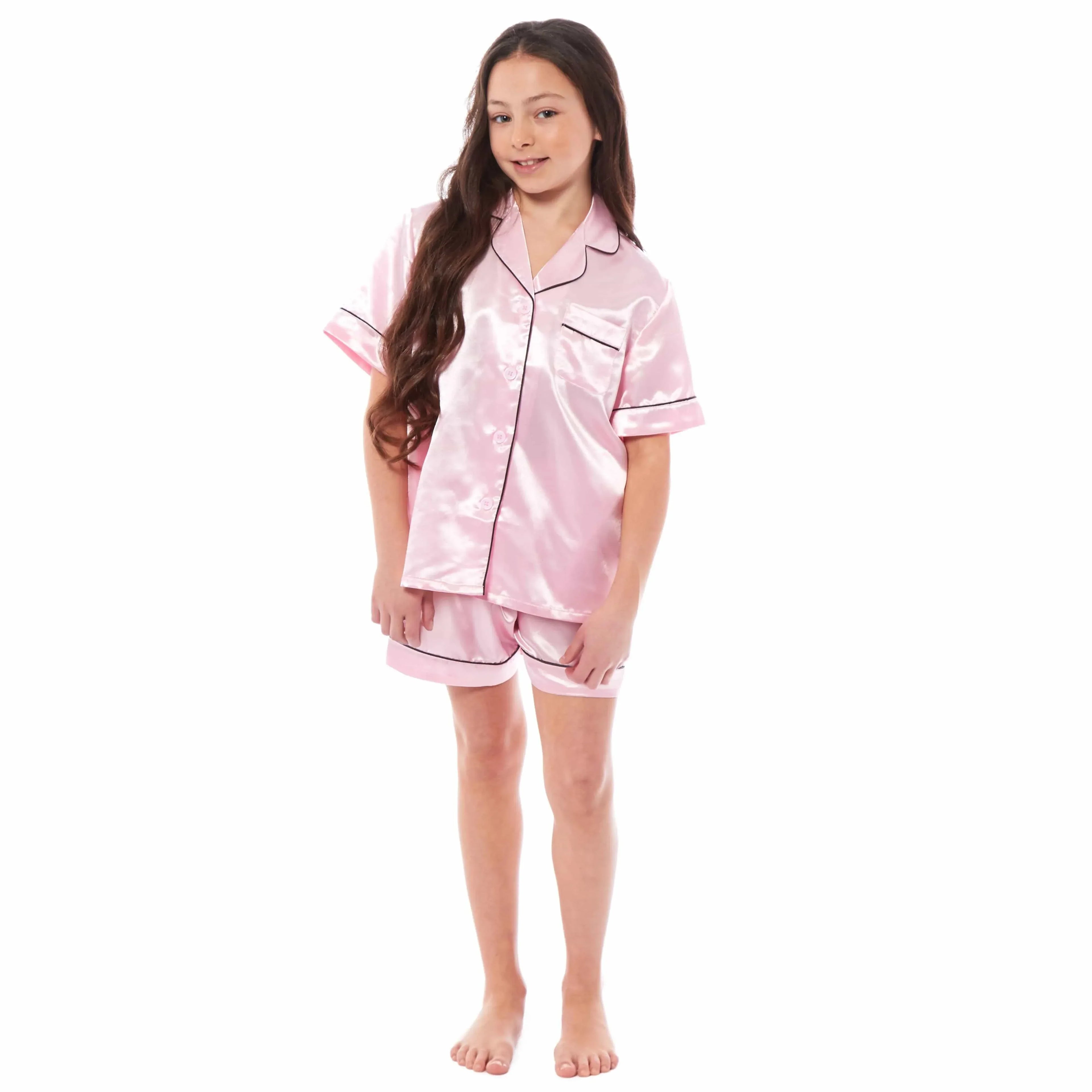 girls-satin-silk-short-pyjama-set-button-down-shirt-and-loose-fitting-pants-loungewear-nightwear-for-ages-5-14-black-pink-grey-by-daisy-dreamer-pyjamas-1052974106 - Bobobiy