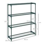 Four-tier plant shelf with wire grid shelves, size shown in cm (89x28x107).