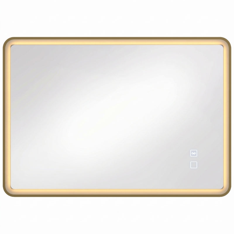Gold-tone rectangle bathroom mirror with LED light border and touch control icons.