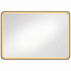 Gold-tone rectangle bathroom mirror with LED light border and touch control icons.