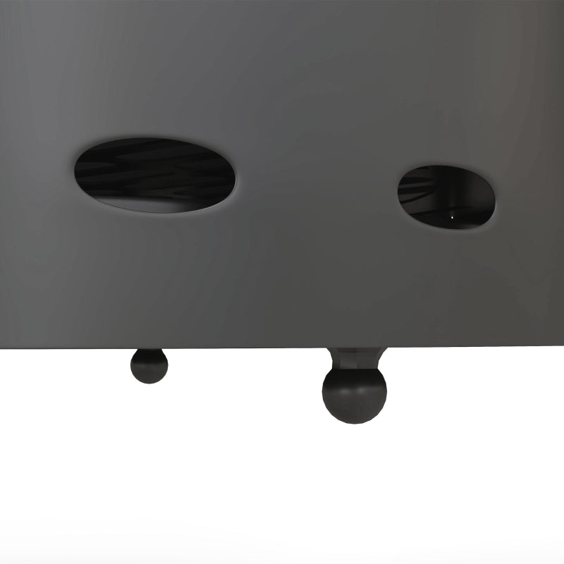 Underside of dark grey fire pit with vent openings and support feet