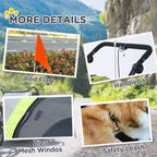 Green dog bike trailer details: red safety flag, handlebar, mesh windows, safety leash