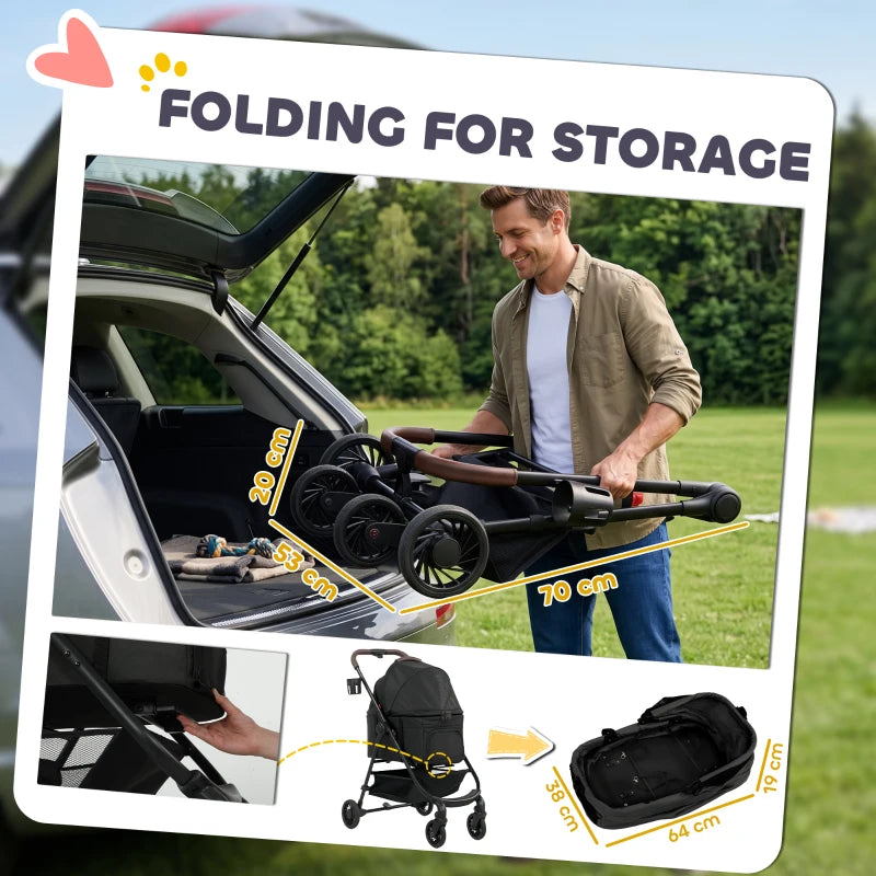Black foldable pet stroller with storage design and detachable carrier bag