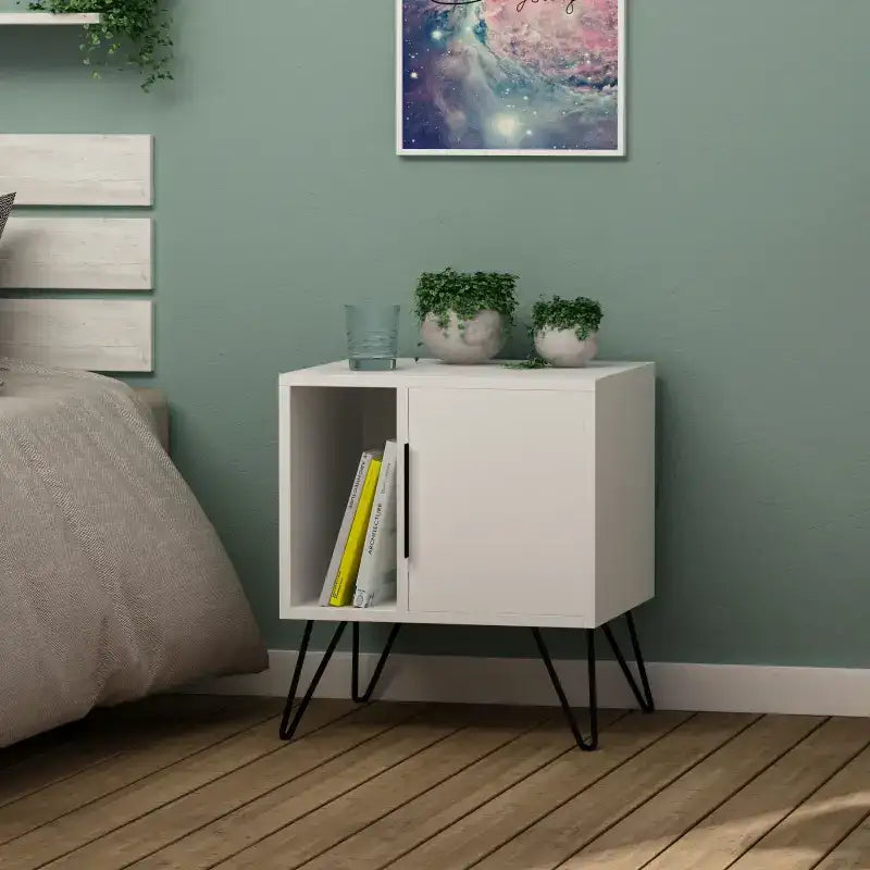 White modern bedside cabinet with two compartments, open left shelf, black angled legs