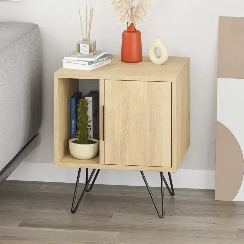 Light oak modern bedside table with open shelf, cabinet door, black angled legs
