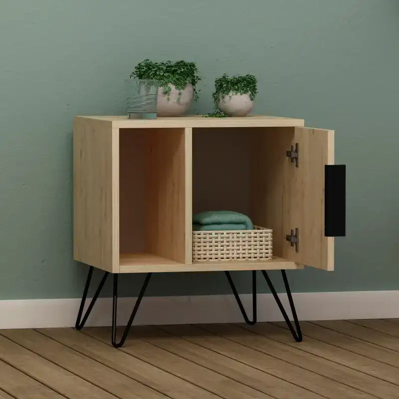 Light oak bedside table with open shelf, two-door cabinet, black angled legs