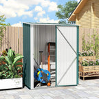 Green corrugated steel garden shed with open door and tools stored inside