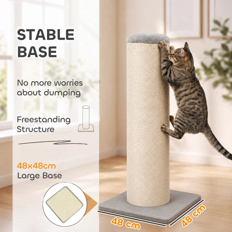 Cat scratching post with tall sisal cylinder and large gray base for stability