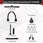 Cable pulley system kit with steel pulley, loading pin, handle strap, connecting buckles and ropes