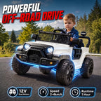 White kids ride-on car with blue LED lights, front grille, and rugged tires