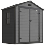 Dark grey garden storage shed with double doors, side window, and roof vent
