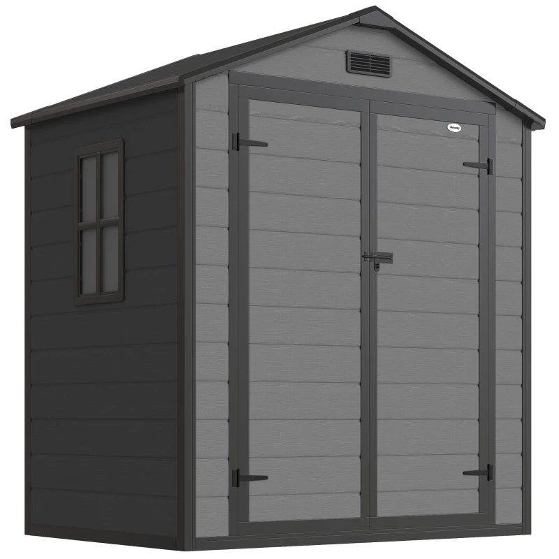 Dark grey garden storage shed with double doors, side window, and roof vent