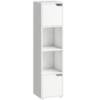 White narrow 4-tier bookshelf cabinet with two front doors and three open shelves