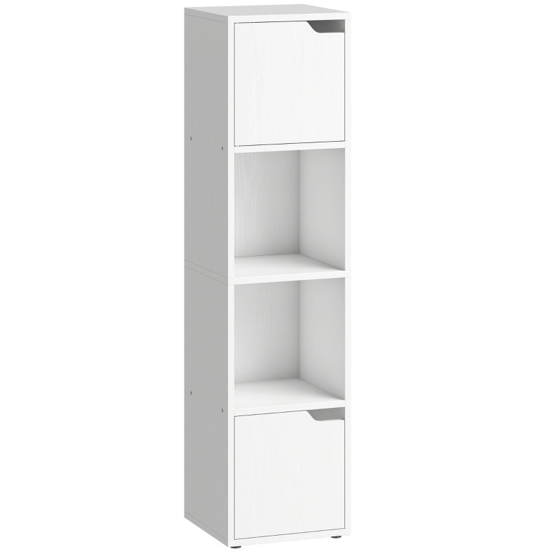 White narrow 4-tier bookshelf cabinet with two front doors and three open shelves