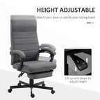 Grey fabric office chair with padded back and seat, height adjustment lever and rolling base