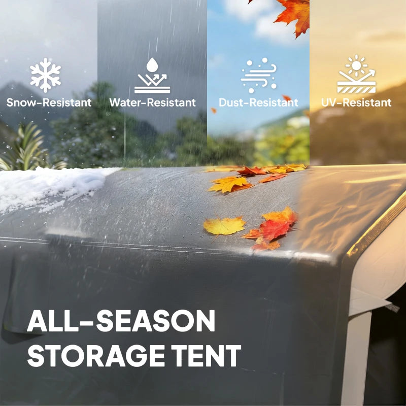 Grey storage shed tent cover with snow-, water-, dust-, and UV-resistance icons