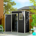 Black resin garden shed with open doors and two-pane window facade