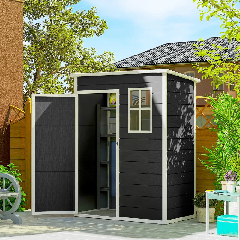 Black resin garden shed with open doors and two-pane window facade