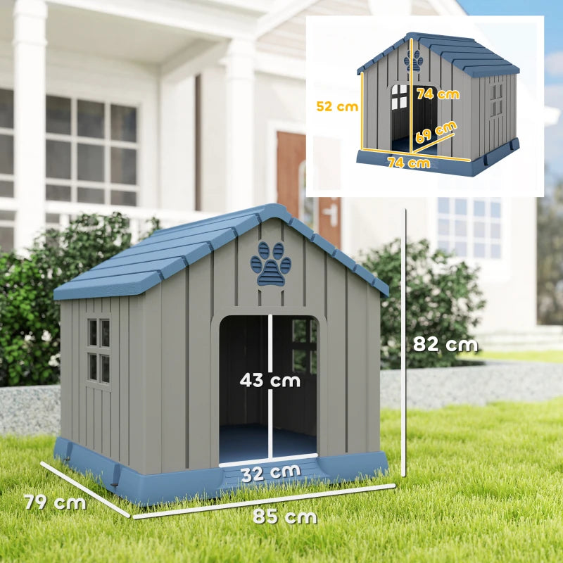 Outdoor grey dog house with blue roof and paw-print panel; front opening shown with size