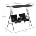 2-seater garden swing bench with tilting canopy, black padded seats, dimensions shown