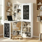 White 3-in-1 fold-out work desk set up as shelving with a black chalkboard panel