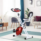Red and white folding exercise bike with black seat, handlebar grips, and pedal cages