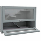 Grey wooden small animal cage hutch with front door open, interior platforms and ramp
