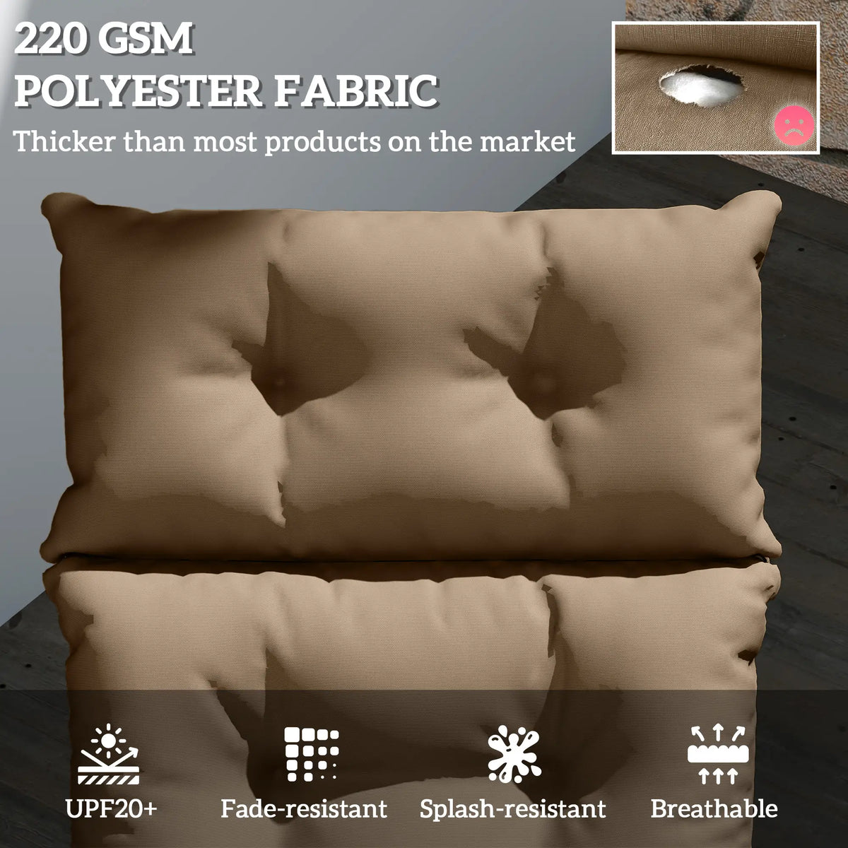 Outsunny Sun Lounger Cushions Only, 190 x 56 x 10cm Garden Lounge Chair Cushions, UPF20+ 220gsm Fabric, Thick Sunbed