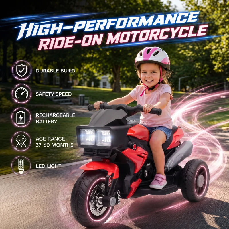 Kids red 3-wheel electric ride-on motorcycle toy with lit headlights and front fairing