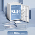 White compact mini fridge with door open, showing shelves and storage bins