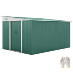 Green metal storage shed with double sliding doors and tall side panels
